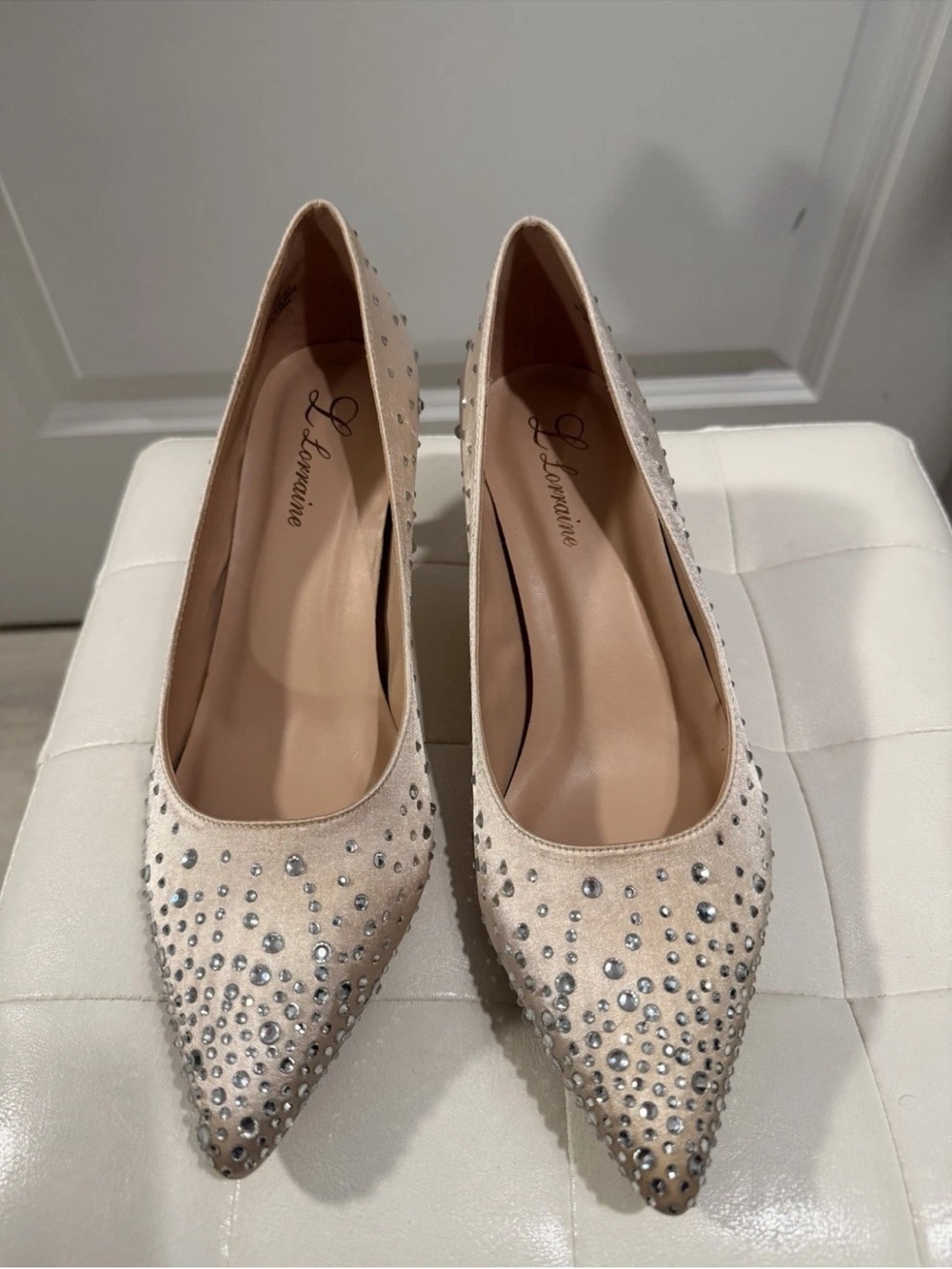 lorenzo Ivory Crystal-Studded Pointed Toe Heels